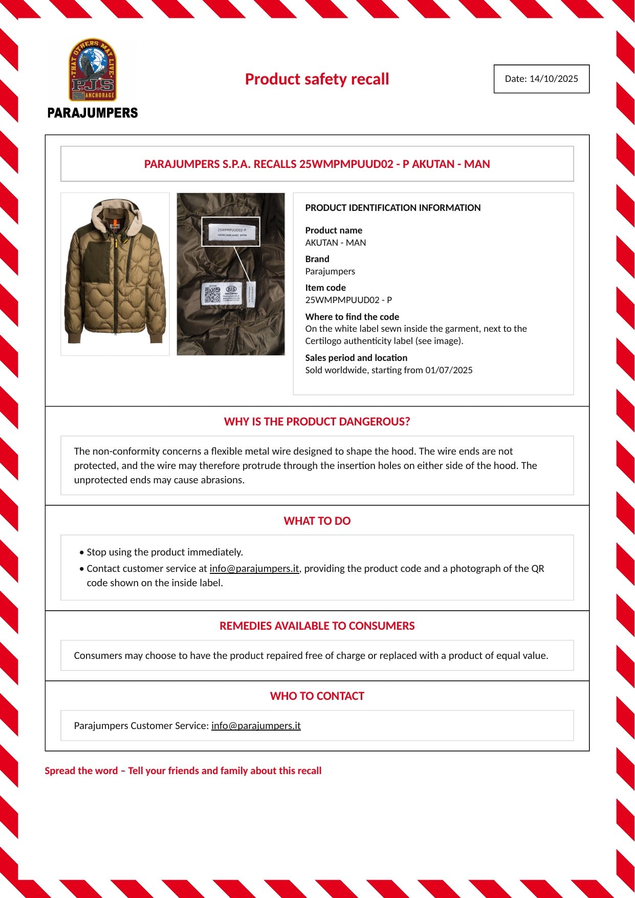 Parajumpers S.p.A. recalls 25WPMPUUD02-P Akutan - Man: official recall notice